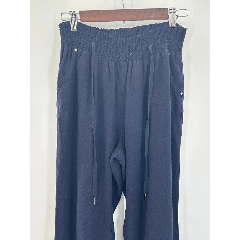 Ci Sono Navy Linen Blend Pants Wide Leg Pull On Casual Large coastal relaxed - Picture 3 of 7